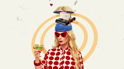 Senior stylish woman drinking cocktail, attending party, having fun. Stop motion, animation. Concept of party, creativity, fun, leisure time, retro fashion, enjoyment and inspiration
