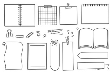 Set of hand-drawn rough line banners in the form of notebooks, bookmarks, etc.
