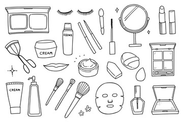 Hand-drawn rough line makeup tools motif set