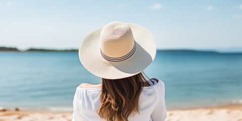 Fototapeta na wymiar Back view young tourist woman in summer dress and hat standing on beautiful sandy beach. Cute girl enjoy her tropical sea on relax holiday vacation during summer time and sunshine day, generative ai