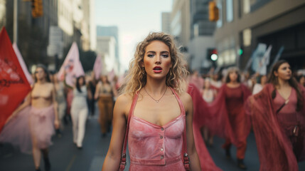 A captivating shot of a woman in a feminist-themed costume, her artistic expression adding a unique touch to her involvement in the rally 