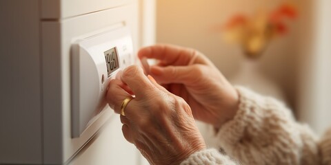 Woman adjusting the temperature of the central heating at home on the thermostat - obrazy, fototapety, plakaty