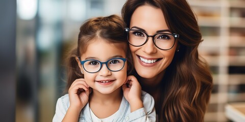 Mother and child wearing glasses for eye health and healthy vision after an eye examination by an optometrist. - obrazy, fototapety, plakaty