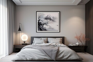 Black oil painting in frame on beige wall in bedroom
