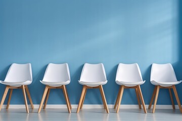 Simple white chairs against blue wall in waiting room at hospital.
