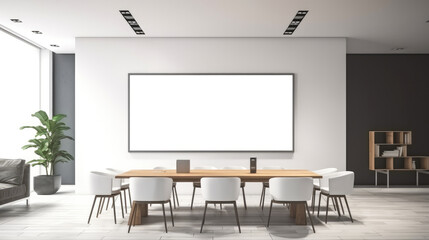 Modern Empty Meeting Room with Big Conference Table, Office with Empty Billboard, Contemporary Designed Work Environment.
