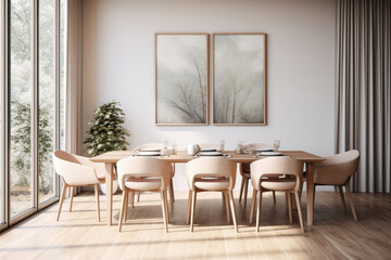Fototapeta premium The interior of a modern kitchen and living room with a dining table and frames on the wall