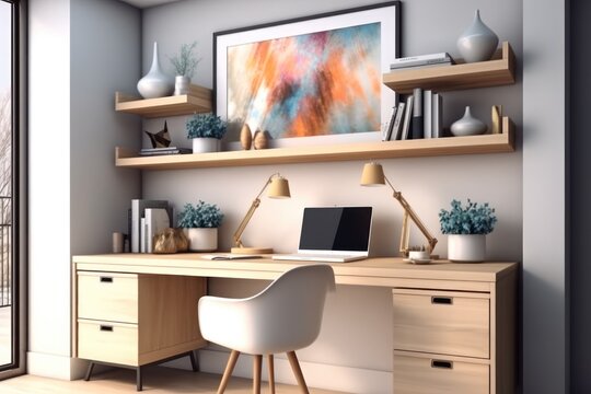 Home office with desk and chair, Minimal, Stylish art decoration.