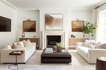 a living room with a white wall, adorned with furniture and a TV mounted on the wall.