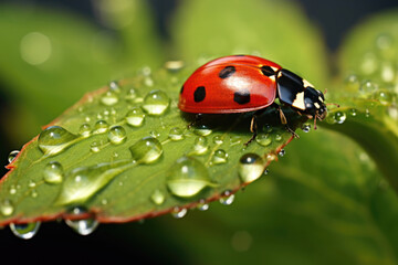 Insect ladybug on the street in dewdrops - obrazy, fototapety, plakaty