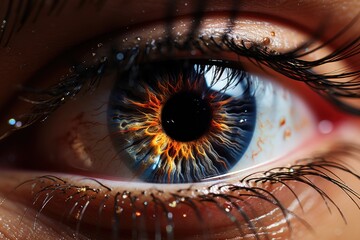 Large portrait of a female human eye reflecting a flash