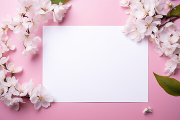 A white postcard with a flower branch lies on a pink background, a place for text