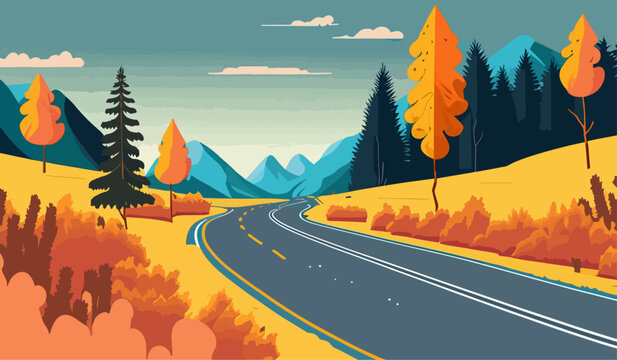 Landscape of mountain empty road in autumn with stones, pines, bushes, orange, trees and mountains. Flat colorful vector illustration - Powered by Adobe