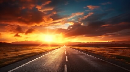 Road Leading Into A Sunset, Straight road to the mountain.