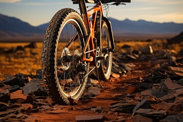 Focus on flat tire Mountain bike sidelined on trail, awaiting tire repair Generative AI