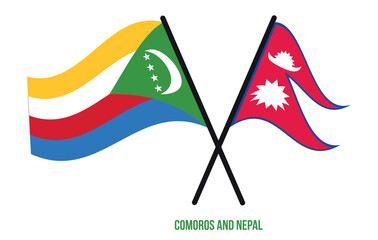 Comoros and Nepal Flags Crossed And Waving Flat Style. Official Proportion. Correct Colors.