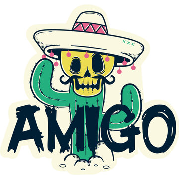 Funny skeleton illustration print on tshirts sweatshirts and souvenirs spanish word friend t shirt logo banner illustration