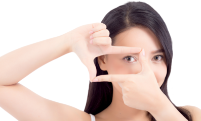 Beauty of portrait asian young woman face and eye care with make up, skincare and cosmetic for wellness, girl with gesture frame with hand shape.