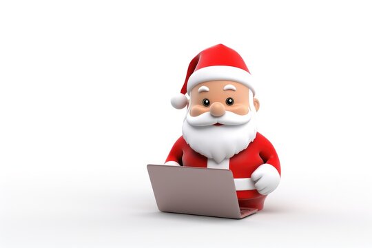 Santa Claus with laptop - 3d render cute character on white background, banner for Christmas. copy space. Holidays online shopping concept