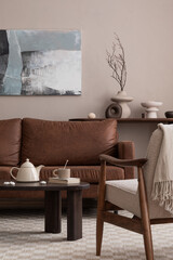 Classic composition of cozy living room interior with mock up poster frame, brown sofa, boucle...