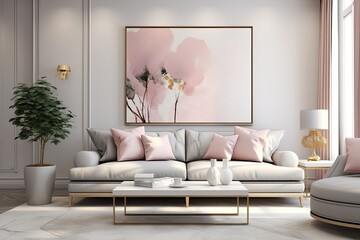 The most recent home fashion trends in a contemporary and chic studio with a cozy atmosphere, featuring soft pastel colors and close up shots of a stylish living area accented with golden elements.