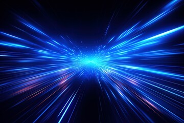 Vector abstract, science, future, energy technology concept. Digital image of rays of light, blue light streaks, speed and motion blur on a dark blue background