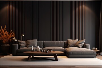 Dark walled Italian living room with vertical slats panel, 3D Render and Illustration.
