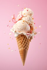 flying wafer cone with ice cream covered, strewed sprinkles