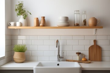 Fototapeta na wymiar Scandinavian kitchen interior design with white sink and wooden shelves displaying utensils. Background features food products.