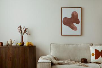 Interior design of living room interior with mock up poster frame, moder beige sofa, wooden...