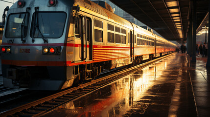 Train traveling through a train station next to a platform.