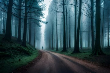Panorama of foggy forest. Cold foggy morning in horror forest