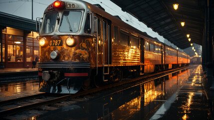 Obraz premium Train traveling through a train station next to a platform.