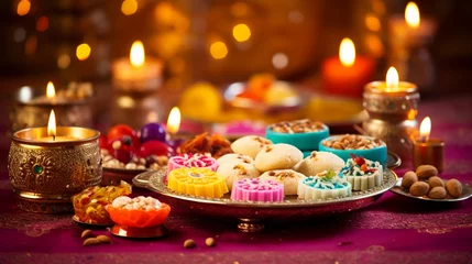 Fotobehang Diwali sweets and treats displayed against a colorful festive background, Diwali, background Generative AI © Катерина Євтехова