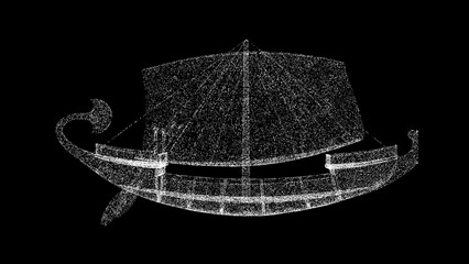 3D ancient ship galley on black bg. Historical scientific concept. For title, text, presentation. Shimmering particles. 3D animation.