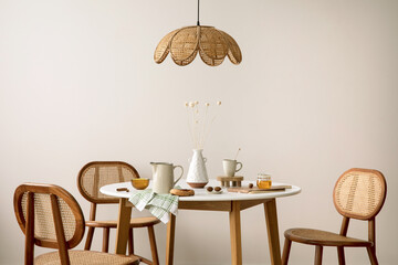 The creative composition of dining room interior with with round table, rattan chair, lamp and...
