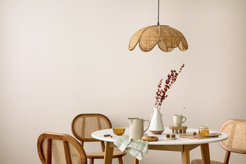 The stylish dining room with round table, rattan chair, lamp and kitchen accessories. Green leaf in vase.  Beige wall. Home decor. Template. - obrazy, fototapety, plakaty