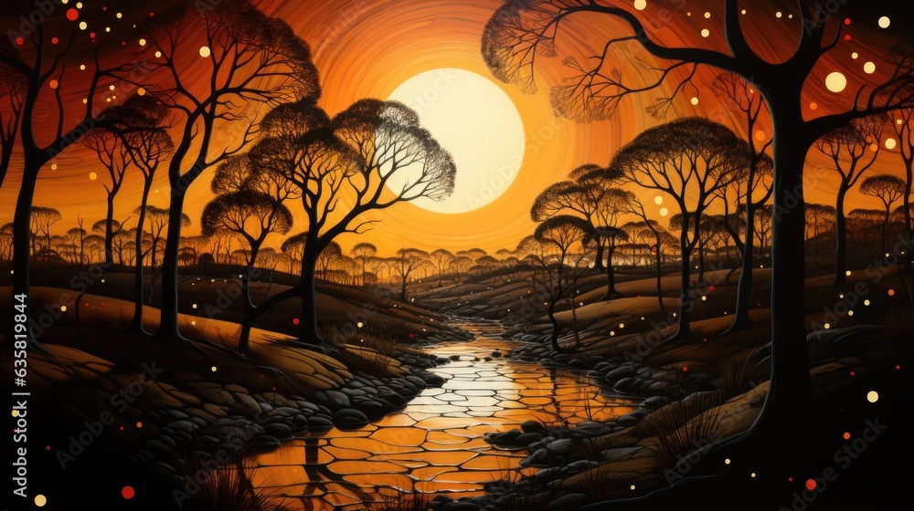 Poster a painting of a river running through a forest. generative ai image.