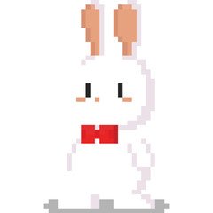 Pixel art cartoon white rabbit character with red bow tie