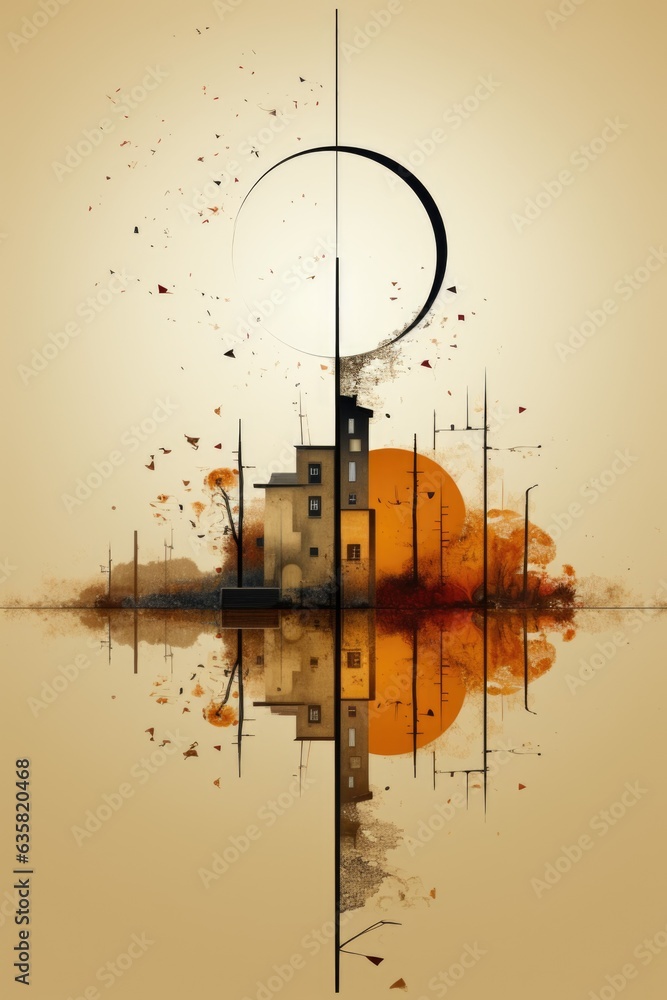 Aufkleber a picture of a building with a moon in the background. generative ai image.