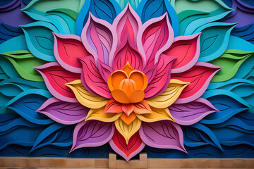 A colorful lotus flower mandala art on a wall.
