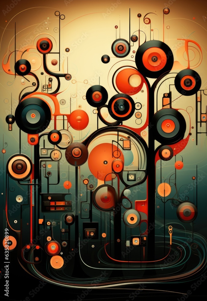 Poster a painting of a tree with circles and circles. generative ai image.