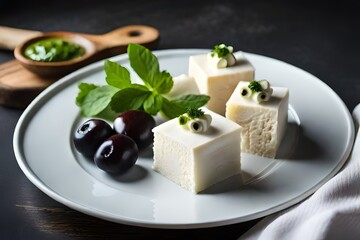 White cheese, feta with olives and cilantro on a neutral background created by AI