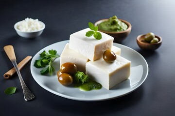 White cheese, feta with olives and cilantro on a neutral background created by AI