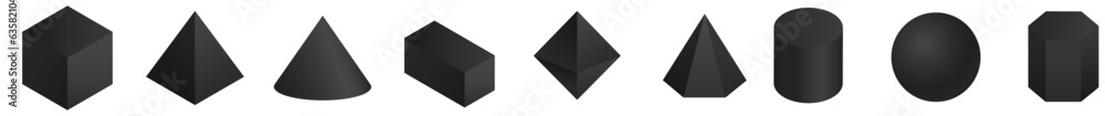 Poster black geometric shapes set. sphere with cone and triangle as pyramid design