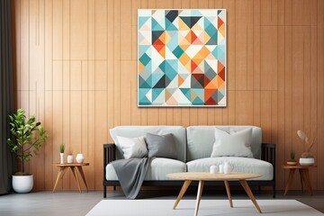 Abstract geometric patterned wall decor in multi colors, suitable for home kitchen or washroom decoration.