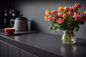 Detail of dark gray kitchen design with spring flowers and a cup of coffee on a countertop in a modern room.