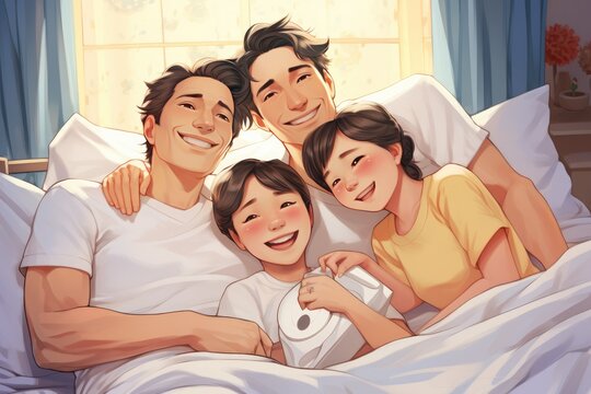 Family of four lying in bed together - Father, Mother, Son, Daughter - cuddling and smiling.. A fictional character Created By Generated AI.