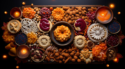 Obraz na płótnie Canvas Diwali sweets arranged in an artistic pattern, showcasing the indulgence in festive culinary delights, Diwali, Diwali Background Generative AI