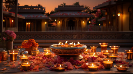 A beautifully lit traditional Indian home with flickering diyas and decorative lights for a radiant Diwali celebration, Diwali, Diwali Background Generative AI